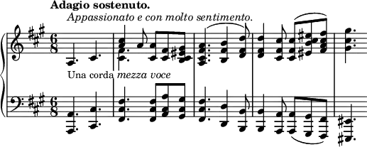 \relative c' {
\new PianoStaff <<
\new Staff { \key fis \minor \time 6/8 \tempo "Adagio sostenuto."
<<
{
a4.^\markup { \italic { Appassionato e con molto sentimento. } } cis <cis' a>4 a8 <a cis,> <fis cis> <gis eis cis b>
<a fis cis a>4.( <b fis b,>4 <d fis, d>8) <d fis, d>4 <cis fis, cis>8 <cis fis, cis>( <eis cis b eis,> <fis cis a fis>) \stemDown <gis cis, gis>4.
}
\\
{ \override TextScript #'whiteout = ##t s2._\markup { \fontsize #-1 { Una corda } \italic { mezza voce } } <fis, cis>4. }
>>
}
\new Staff { \key fis \minor \time 6/8 \clef bass
<a,, a,>4. <cis cis,> <fis cis fis,> <fis cis fis,>8 <a cis, a> <gis cis, gis>
<fis cis fis,>4. <d d,>4 <b b,>8 <b b,>4 <a a,>8 <a a,>( <gis gis,> <fis fis,>) <eis eis,>4.
}
>>
}