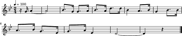 \relative {
\set Staff.midiInstrument = #"piano"
\key bes \major
\time 2/4
\tempo 4 = 100
\partial 4.
\new Voice \relative c' {
r16 g'16 a4~ a2 bes8. g16 g8. a16 bes8. a16 d8. d16 bes4 a8. bes16 g4 bes8. bes16 \bar "|" \break
a8. bes16 g8. ees16 g8. a16 ees4 d2~ d4 r4 \bar "|."
}
}