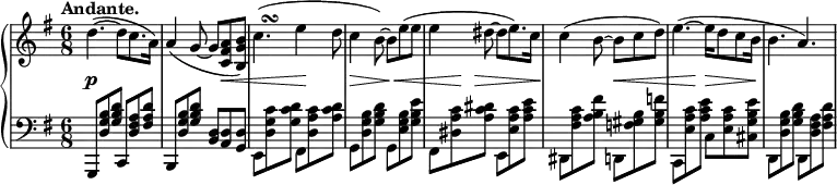 \relative c'' {
\new PianoStaff <<
\new Staff { \key g \major \time 6/8 \set Score.tempoHideNote = ##t \tempo "Andante." 8=112
\override TextScript #'avoid-slur = #'inside
\override TextScript #'outside-staff-priority = ##f
\override Score.NonMusicalPaperColumn #'line-break-permission = ##f
d4.~( d8 c8. a16) a4( g8~ g <a fis c> <b g b,>)
c4.( ^\markup
\override #'(baseline-skip . 1) {
\halign #-2
\musicglyph #"scripts.turn"
} e4 d8 c4 b8~) b e( e e4 dis8~ dis e8.) c16
c4( b8~ b c d) e4.~( e16 d8 c b16 b4. a)
}
\new Dynamics {
s4.\p s s2 s4\< s4. s4\! s8 s4\> s8 s\< s4
s8 s\! s\> s s8. s16\! s4 s8 s\< s4 s8 s\! s s4.\> s\! s
}
\new Staff { \key g \major \time 6/8 \clef bass
g,,,8 <b'' g d> <d b g> c,, <a'' fis d> <d a fis>
b,, <b'' g d> <d b g> <d, b> <d a> <d g,>
e, <c'' g d> <d c g> fis,, <c'' a d,> <d c a>
g,, <b' g d> <d b g> g,, <b' g e> <e b g>
fis,, <c'' a dis,> <dis c a> e,, <c'' a e> <e c a>
dis,, <c'' a fis> <fis b, a> d,, <b'' gis f> <f' b, gis>
c,, <c'' a e> <e c a> c, <c' a e> <e b g cis,>
d,, <b'' g d> <d b g> d,, <a'' fis d> <d a fis>
}
>>
}