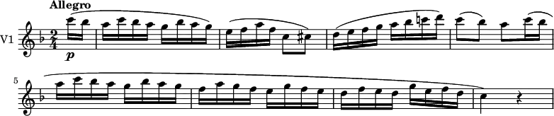 \new Staff \with { instrumentName = #"V1 "} \relative c''' {
\version "2.18.2"
\key f \major
\tempo "Allegro"
\tempo 4 = 130
\time 2/4
\partial 8 c16\p (bes a c bes a g bes a g)
e (f a f c8 cis)
d16 (e f g a bes c! d)
c8 (bes) a c16 (bes a c bes a g bes a g f a g f e g f e d f e d g e f d c4) r
}