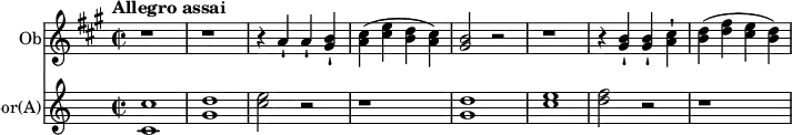 \version "2.18.2"
<<
\new Staff = "Oboe" \with {
instrumentName = "Ob"
}
\relative c'' {
% not strictly necessary, but a good reminder
\transposition c'
\key a \major
\time 2/2
\tempo "Allegro assai"
\tempo 4 = 320
\set Staff.midiInstrument = "oboe"
r1
r1
r4 a-! a-! <gis b>-!
<a cis> (<cis e> <b d> <a cis>)
<gis b>2 r
r1
r4 <gis b>-! <gis b>-! <a cis>-!
<b d> (<d fis> <cis e> <b d>)
}
\new Staff = "Horn" \with {
instrumentName = \markup { Cor(A) }
}
\relative c'' {
\transposition a
\key c \major
\time 2/2
\set Staff.midiInstrument = "french horn"
<c, c'>1
<g' d'>
<c e>2 r
r1
<g d'>
<c e>
<d f>2 r
r1
}
>>