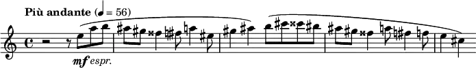 { \tempo "Più andante" 4=56 \time 4/4 \relative c''
{r2 r8 e\mf ( a_\markup { \italic espr. } b
ais gis fisis4 fis8 a4 eis8
gis4 ais) b8(cis cisis bis
ais gis fisis4 a8 fis4 f8
e4 cis4)}
}