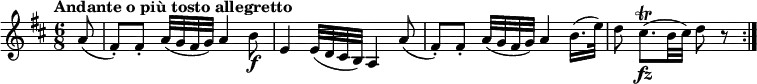 
\version "2.18.2"
\relative c'' {\set Staff.midiInstrument = #"violin"
  \key d \major
  \time 6/8
  \tempo "Andante o più tosto allegretto"
  \tempo 4 = 46
  \partial 8 a8
  (fis-.) [fis-.]\noBeam a32 (g fis g) a4 b8\f
  e,4 e32 (d cis b) a4 a'8
  (fis-.) [fis-.]\noBeam a32 (g fis g) a4 b16. (e32)
  d8\noBeam cis8.\trill\fz (b32 cis) d8 r \bar ":|."
}
