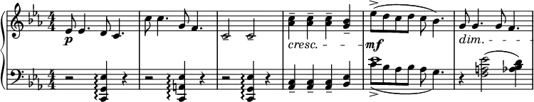 { \new PianoStaff <<
\new Staff = "RH" \relative c' { \clef treble \key c \minor \time 4/4 \numericTimeSignature
ees8-\p ees4. d8 c4. | c'8 c4. g8 f4. | c2-- c2-- |
<c' aes>4--\cresc <c aes>4-- <c aes>4-- <bes g>4-- | ees8(->\mf d c d c bes4.) |
g8\dim g4. g8 f4. |\! }
\new Staff = "LH" \relative c { \clef bass \key c \minor \time 4/4 \numericTimeSignature
r2 <es g, c,>4\arpeggio r | r2 <es a,! c,>4\arpeggio r | r2 <es g, c,>4\arpeggio r |
<c aes>4-- <c aes>-- <c aes>-- <bes ees> |
<<
{ \voiceOne |
ees'1 | }
\new Voice {
c8_>_( bes aes bes aes g4.) |}
>> \oneVoice
r4 <ees' a, f>2( <d bes aes>4) |
}
>> }