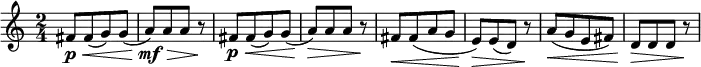 
\relative c' { \new Staff { \key c \major \time 2/4 \numericTimeSignature 
    fis8\p[\< fis( g) g]( | a\mf\>[) a a] r\! | fis8\p[\< fis( g) g]( | a\>[) a a] r\! |
    fis8[\< fis( a g] | e[)\> e( d)] r\! | a'[(\< g e fis)] | d[\> d d] r\! | }}  
