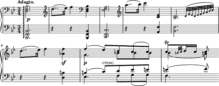 
 \relative c' {
  \new PianoStaff <<
   \set PianoStaff.connectArpeggios = ##t
   \new Staff { \key bes \major \time 3/4 \tempo "Adagio."
    <<
     {
      \clef bass \stemDown <bes f d>2.\arpeggio \clef treble d'8..( es32) f4 \clef bass <bes,, f d>4
      <a f es>2. \clef treble a''8..( bes32) c4 \stemUp <es,, c>4 \afterGrace <d bes>2. { d32[(f es d es f g a bes c)] }
      \stemDown d8..( es32) f4 <f aes,> \stemUp f( es8) d c-.( c-.) c\trill [ \grace { b32[ c] } d16 c] c8
     }
    \\
     { s2. s s s s s g4. bes!8 bes bes bes4( a!8) }
    >>
   }
   \new Dynamics {
    s8 s8\p s2 s2. s s s s2 s4\sf s\p s8\cresc s\! s4
   }
   \new Staff { \key bes \major \time 3/4 \clef bass
    <<
     {
      <bes,, f bes,>2.\arpeggio d4\rest d\rest <bes f bes,>4 <c f, c>2. d4\rest d\rest <f a,> \stemDown <f bes,>2.
      d4\rest d\rest <b' d,> \stemUp b4( c8) d es e e4( f8)
     }
    \\
     { s2. s2. s2. s2. s2. s2. es,4. f8 g-.( g-.) f4. }
    >>
   }
  >>
 }
