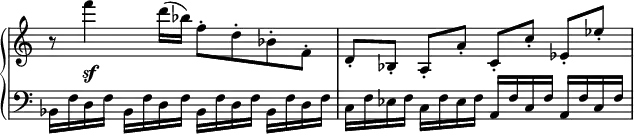 
 \relative c' {
  \new PianoStaff <<
   \new Staff \with { \remove "Time_signature_engraver" } { \key c \major \time 4/4
    r8 f''4 d16( bes) f8-. d-. bes-. f-.
    d-.[ bes-.] a-. a'-. c,-.[ c'-.] es,-. es'-.
   }
   \new Dynamics {
    s s\sf
   }
   \new Staff \with { \remove "Time_signature_engraver" } { \key c \major \time 2/2 \clef bass
    \set subdivideBeams = ##t \set baseMoment = #(ly:make-moment 1/4)
    \set Timing.beatStructure = #'(1 1 1 1)
    bes,,16 f'( d f bes, f' d f bes, f' d f bes, f' d f
    c f es f c f es f a, f' c f a, f' c f
   }
  >>
 }
