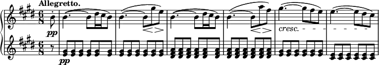 \relative c'' {
\new PianoStaff <<
\new Staff {
\key e \major \time 6/8 \set Score.tempoHideNote = ##t
\tempo "Allegretto." 4=123 \partial 8
b8-.\pp b4.~( b8 dis16 cis b8) b4.~( b8\< gis'\> e\! )
b4.~( b8 dis16 cis b8) b4.~( b8\< a'\> fis\! )
gis4.-\cresc ~( gis8 fis e) e4.~( e8 dis cis\! )
}
\new Staff {
\key e \major \time 6/8
r <gis e>\pp q q q q q q q q q q q
<a fis dis> q q q q q q q q q q q
<gis e> q q q q q <e cis> q q q q q
}
>>
}