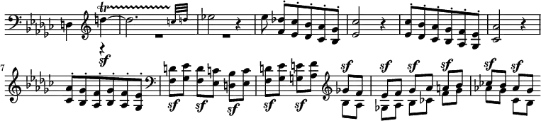 
 \relative c' \new Staff \with { \remove "Time_signature_engraver" } { \key es \minor \time 3/4 \partial 2 \clef bass
  <<
   {
    #(define afterGraceFraction (cons 1 2))
    \stemDown d,4 \clef treble d''4\sf \startTrillSpan ~ \afterGrace d2. { s1 \stemUp c32\stopTrillSpan[ d] } \stemDown es!2 b4\rest
    es8 \stemUp <des! f,>-.[ <ces es,>-. <bes des,>-. <aes ces,>-. <ges bes,>-.] <ces es,>2 b4\rest 
    <ces es,>8-. <bes des,>-. <aes ces,>-. <ges bes,>-. <f aes,>-. <es ges,>-. <aes ces,>2 b4\rest
    <aes ces,>8-. <ges bes,>-. <f aes,>-. <ges bes,>-. <f aes,>-. <es ges,>-. \clef bass
    \stemDown <d f,>\sf[ <es ges,>] <d f,>\sf[ <c es,>] <bes d,>\sf[ <c es,>]
    <d f,>\sf[ <es ges,>] <e g,>\sf[ <f aes,>] \clef treble \stemUp ges!^\sf[ f]
    es^\sf[ f] ges^\sf[ aes] a^\sf[ bes] ces!^\sf[ bes] aes^\sf[ ges]
   }
  \\
   { s4 r4 R2. R2. s2. s2. s2. s2. s2. s2. s2 bes,8[ aes] ges![ aes] bes[ ces!] f[ ges] aes![ ges] ces,[ bes] }
  >>
 }
