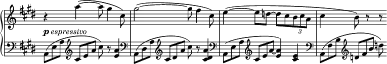 
 \relative c' {
  \new PianoStaff <<
   \new Staff \with { \remove "Time_signature_engraver" } { \key e \major \time 4/4
    \override Score.NonMusicalPaperColumn #'line-break-permission = ##f
    \override TupletBracket.bracket-visibility = ##f
    r4 a''4~ ( a8 gis4 cis,8) gis'2~ ( gis8 fis4 cis8)
    e4~( e8 d~ d[ cis \times 2/3 { b cis a] } cis4 b8) r r
   }
   \new Dynamics {
    s4-\markup{ \dynamic p \italic espressivo }
   }
   \new Staff \with { \remove "Time_signature_engraver" } { \key e \major \time 4/4 \clef bass
    a,,8*2/3( e' a \clef treble cis e a cis8) r <a e>4 \clef bass
    a,,8*2/3( dis a' \clef treble cis dis a' cis8) r <a dis, cis>4 \clef bass
    a,,8*2/3( e' a \clef treble cis e a~ <a e>4) <e cis> \clef bass
    a,,8*2/3( fis' b \clef treble d fis b d8)
   }
  >>
 }
