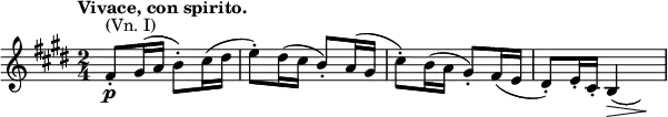 \relative c' \new Staff {
\key e \major \time 2/4 \tempo "Vivace, con spirito."
fis8-.\p ^\markup { (Vn. I) } gis16( a b8-.) cis16( dis e8-.) dis16( cis b8-.) a16( gis
cis8-.) b16( a gis8-.) fis16( e dis8-.) e16-. cis-. b4*1/2\> ( \hideNotes b\! )
}
