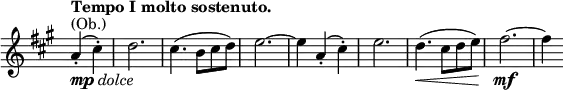 \relative c' \new Staff \with { \remove "Time_signature_engraver" } {
\key a \major \time 3/4 \partial 2 \tempo "Tempo I molto sostenuto."
a'4-._\markup { \dynamic mp \italic dolce } ^\markup (Ob.) ( cis-.) d2. cis4.( b8 cis d) e2.~ e4
a,-.( cis-.) e2. d4.\<( cis8 d e) fis2.~\mf fis4
}