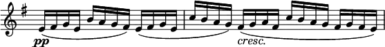 \relative c' \new Staff \with { \remove "Time_signature_engraver" } {
\key e \minor \time 4/4 \partial 2.
e16\pp( fis g e b' a g fis) e( fis g e c' b a g) fis\cresc( g\! a fis c' b a g fis g fis e) }