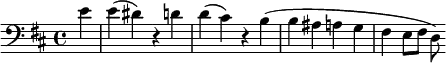  \relative c' {\clef bass \time 4/4 \key b \minor \set Score.tempoHideNote = ##t \tempo "" 4 = 100 \partial 4 e4 e( dis) r d d( cis) r b( b ais a g fis e8 fis d)} 