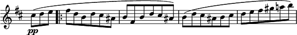 \relative c' \new Staff \with { \remove "Time_signature_engraver" } {
\key d \major \time 3/4 \partial 4.
cis'8\pp( d e \set Score.repeatCommands = #'(start-repeat) fis d b d cis ais b fis b d cis ais)
b( d cis ais b cis d e fis gis a! b) }
