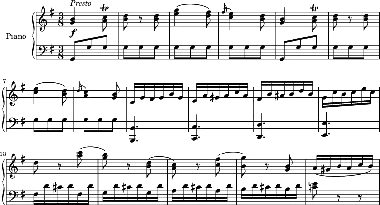 
\version "2.18.2"
\header {
  tagline = ##f
}
upper = \relative c' {
  \clef treble 
  \key g \major
  \time 3/8
  \tempo "Presto"
  \tempo 4 = 155
  %\autoBeamOff

 <g' b>4 \f ^\markup{ \italic {Presto } } <a c>8 \trill
  <b d> r <b d>
<e g>4 (<d fis>8)
 \grace fis16 ^(<c e>4) <b d>8
<g b>4 <a c>8 \trill
<b d> r <b d>
<c e>4 (<b d>8)
 \grace d16 ^(<a c>4) <g b>8
 d16 g fis g b g
 e a gis a c a
 fis b ais b d b
 g c b c e c 
 d8 r <a' c>
 (<g b>) r <b, d>
 (<a c>) r <c fis>
 (<b g'>) r <g b>
 a16 (gis b a c b)
 

}

lower = \relative c {
  \clef bass
  \key g \major
  \time 3/8
   
  g8 g' \repeat unfold 10 {g} 
  g,8 g' \repeat unfold 10 {g}
 <b,, b'>4.  <c c'> <d d'> <e e'>
 fis'16 d' cis d fis, d'
 g, d' cis d g, d'
 a d cis d a d
 b d cis d b d
 <c! e>8 r r
} 

\score {
  \new PianoStaff <<
    \set PianoStaff.instrumentName = #"Piano"
    \new Staff = "upper" \upper
    \new Staff = "lower" \lower
  >>
  \layout {
    \context {
      \Score
      \remove "Metronome_mark_engraver"
    }
  }
  \midi { }
}

