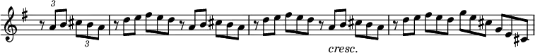 
 \relative c' {
  \new PianoStaff <<
   \new Staff \with { \remove "Time_signature_engraver" } { \key g \major \time 2/2 \partial 2
    \override TupletBracket#'bracket-visibility = ##f
    \times 2/3 { r8 a'[ b] } \times 2/3 { cis b a } r8*2/3 d[ e] fis e d r a[ b] cis b a
    r d[ e] fis e d r a[ b] cis b a r d[ e] fis e d g[ e cis] g e cis
   }
   \new Dynamics {
    s2 s1 s2 s8*2/3 s\cresc s\!
   }
  >>
 }

