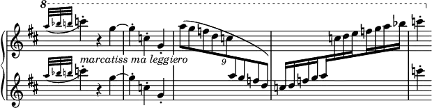 
 \relative c'''' {
  \new PianoStaff <<
   \new Staff = "R" \with { \remove "Time_signature_engraver" } { \key d \major \time 3/4  \set Score.tempoHideNote = ##t \tempo "" 2.=88
    \override TupletBracket.bracket-visibility = ##f
    \ottava #1 \appoggiatura { [a32 bes b] } c4-. r g~ g-. c,-. g-.
    \tuplet 9/6 { a'8( [ g f d c \change Staff = "L" a g f d] ) }
    \set subdivideBeams = ##t
    \set baseMoment = #(ly:make-moment 1/4)
    \set beatStructure = #'(1 1 1 1)
    c16[ d f g a \change Staff = "R" c d e f g a bes] c4-.)
   }
   \new Dynamics {
    \override TextScript #'whiteout = ##t
    s4^\markup \italic { marcatiss ma leggiero }
   }
   \new Staff = "L" \with { \remove "Time_signature_engraver" } {  \key d \major \time 3/4
     \appoggiatura { [a,32 bes b] } c4-. r g~ g-. c,-. g-. s2. s c'4-.
   }
  >>
 }
