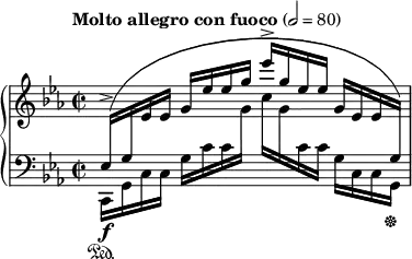 
\new PianoStaff <<
\new Staff = "Up" <<
\new Voice \relative c' {
\clef treble
\key c \minor
\override Score.MetronomeMark.Y-offset = #10
\tempo "Molto allegro con fuoco" 2=80
\time 2/2
\stemUp
\change Staff = "Down"
ees,16^> \f ^([g 
\change Staff = "Up"
ees' ees] g ees' ees g ees'^> [g, ees ees] g, ees ees
\change Staff = "Down"
g,)
}
>>
\new Staff = "Down" <<
\new Voice \relative c{
\clef bass
\key c \minor
\stemDown
c,16 \sustainOn [g' c c] g' c c
\change Staff = "Up"
g' c [g
\change Staff = "Down" c, c] g c, c g \sustainOff
}
>>
>>
