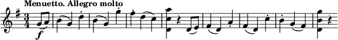 \relative c'' {
\version "2.18.2"
\key g \major
\time 3/4
\tempo "Menuetto. Allegro molto"
\tempo 4 = 170
\partial 4
g8 \f (a) b4 (g) d'-.
b (g) g'-.
fis-. d (c)
<d, c' a'> r d8 (e)
fis4 (d) a'-.
fis (d) c'-.
b-. g (fis)
<d b' g'> r
}
