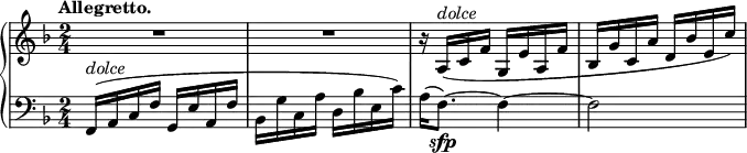 \relative c' {
\new PianoStaff <<
\new Staff { \key f \major \time 2/4 \tempo "Allegretto."
R2 R2 r16 a^\markup \italic dolce ( c f g, e' a, f' bes, g' c, a' d, bes' e, c')
}
\new Staff { \key f \major \time 2/4 \clef bass
f,,,16^\markup \italic dolce ( a c f g, e' a, f' bes, g' c, a' d, bes' e, c') a( f8._\sfp)~ f4~ f2
}
>>
}