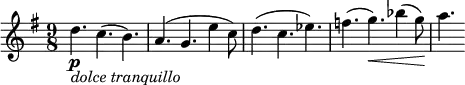\relative f'' { \key e \minor \time 9/8 d4.\p-\markup { \italic { dolce tranquillo } } c( b) | a( g e'4 c8) | d4.( c es) | f( g\<) bes4( g8) | a4.\! }