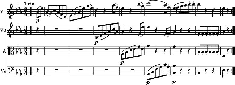 \version "2.18.2"
<< \new Staff \with { instrumentName = #"V1"}
\relative c'' {
\key ees \major
\time 3/4
\tempo "Trio"
\tempo 4 = 140
\bar ".|:" \partial 4 bes8 \p (ees)
bes (g) c (aes f d)
ees (g bes ees) g (ees)
d4 r aes'8 (f)
ees4 r bes'8 (g)
c2 (aes8 f)
ees (f g aes) bes-. bes-.
bes4 r d,
ees r \bar ":|."
}
\new Staff \with { instrumentName = #"V2"}
\relative c'' {
\key ees \major
\bar ".|:" \partial 4 r4
\repeat unfold 2 {R1*3/4}
bes,8 \p (d f aes) c (aes)
g4 r ees8 (ees')
ees4 r ees,8 (f)
g4 r r
\repeat unfold 6 {f8-.}
g4 r \bar ":|."
}
\new Staff \with { instrumentName = #"A"}
\relative c'' {
\clef "alto"
\key ees \major
\bar ".|:" \partial 4 r4
\repeat unfold 3 {R1*3/4}
g,8 \p (bes d ees g ees)
aes4 r r g r r
\repeat unfold 6 {bes,8-.}
ees,4 r
\bar ":|."
}
\new Staff \with { instrumentName = #"Vc"}
\relative c' {
\clef "bass"
\key ees \major
\bar ".|:" \partial 4 r4
\repeat unfold 4 {R1*3/4}
aes,8 \p (c f aes) c-. aes-.
<bes, bes'>4 \p r r
bes r r
ees r
\bar ":|."
}
>>