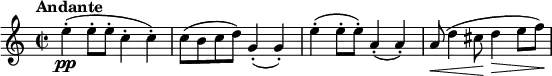 \version "2.18.2"
\relative c'' {
\key c \major
\time 2/2
\tempo "Andante"
\tempo 4 = 70
e4-.\pp (e8-. e-. c4-. c-.)
c8 (b c d) g,4-. (g-.)
e'-. (e8-. e-.) a,4-. (a-.)
a8\< (d4 cis8\! d4\> e8 f\!)
}