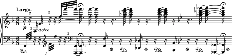 
 \relative c' {
  \new PianoStaff <<
   \new Staff { \key f \major \time 4/4 \tempo "Largo."
    <<
     {
      \override TupletBracket#'bracket-visibility = ##f
      \autoBeamOff \cadenzaOn
      \times 2/3 { b'32\rest\p b\rest f, } \times 2/3 { f'_\markup \italic dolce b\rest b\rest } f'32*2/3~[ f'~ f~] \stemDown f4.*1/4 \fermata
      <f f,>32~ <f f,>16 b,,\rest b16.\rest <f'' des aes f>32~ <f des aes f>16 b,,\rest b16.\rest <f'' des bes f>32~ <f des bes f>16
      b,,\rest \key bes \major b16.\rest <ges'' des! bes ges>32~ <ges des bes ges>8~ <ges des bes ges>32\fermata s32
     }
    \\
     { s8 f,16~ f16. }
    >>  
   }
   \new Staff { \key f \major \time 6/8 \clef bass
    \override TupletBracket#'bracket-visibility = ##f
    \autoBeamOff \cadenzaOn
     \times 2/3 { f,,,32\sustainOn[ f'] r } \times 2/3 { r \clef treble f'[ f'] } \times 2/3 { r r \clef bass <f,,, f,>~ } <f f,>16.\fermata
     r32 r16 <f' f,>16 r\sustainOff << r { s32 s32\sustainOn } >> r16 <des des,> r\sustainOff << r { s32 s32\sustainOn } >> r16
     <bes bes,> \key bes \major r\sustainOff << r { s32 s32\sustainOn } >> r16 <ges ges,>16~ << <ges ges,>\fermata { s32 s32\sustainOff } >>
   }
  >>
 }
