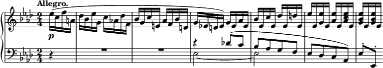 
 \relative c' {
  \new PianoStaff <<
   \new Staff { \key aes \major \time 2/4 \tempo "Allegro." \partial 4
    \override Score.NonMusicalPaperColumn #'line-break-permission = ##f
    es'16( c f a, des bes es g, \stemDown c aes! des f, \stemNeutral bes g c e, aes f bes d, g es! d es)
    g es aes es bes' es, c' es, des' es, d' es, es' es, <es' g,> es,
    <es' aes,> es, <es' c aes> es, <es' bes g> es, <es' bes g> es,
   }
   \new Dynamics {
    s4\p
   }
   \new Staff { \key aes \major \time 2/4 \clef bass
    <<
     { 
      \override MultiMeasureRest #'staff-position = #2
      d,4\rest R2 R r4 des'!8( c bes[ aes g f] es[ des c aes]) es'-. es,-. 
     }
    \\
     { s4 s2 s es'2~ es }
    >>
   }
  >>
 }
