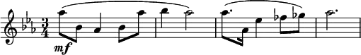  \relative g'' { \key c \minor \time 3/4 as8\mf( bes, as4 bes8 as' | bes4 as2) | as8.( as,16 es'4 fes8 ges) | as2. }