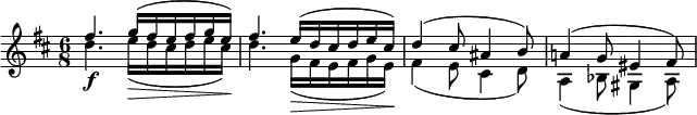 \relative c'' {
\time 6/8
\key b \minor
<< { \voiceOne
  fis4. g16( fis e fis g e) | fis4. e16( d cis d e cis) | d4( cis8 ais4 b8) | a!4( g8 eis4 fis8) |
} \\ {
  d'4.\f e16(\> d cis d e cis)\! | d4. g,16(\> fis e fis g e)\! | fis4( e8 cis4 d8) | a4( bes8 gis4 a8) |
} >>
}