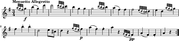 \relative c'' {
\version "2.18.2"
\key g \major
\tempo "Menuetto Allegretto"
\time 3/4
\tempo 4 = 142
\partial4 \grace {a'32 (g fis} g4) \f
b (g) d'
d2 \grace {d32 (c b} c4)
b g g
g2 \grace {c32 (b a} b4)
a (fis) fis
fis2 \grace {e32 (d cis} d4)
e d \grace {a'32 (g fis} g4)
fis b-. b-.
d,2 e8 cis
d4 r \grace {g32 ( fis e} fis4) \p
a (fis) fis-.
a r \grace {g,32 ( fis e} fis4) \pp
a (fis) fis-.
a r \bar ":|."
}