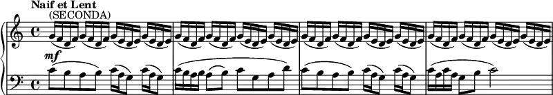 \relative c'' {
\new PianoStaff <<
\new Staff { \key c \major \time 4/4 \set Score.tempoHideNote = ##t \tempo "Naif et Lent" 4=65
\override Score.NonMusicalPaperColumn #'line-break-permission = ##f
g16^\markup (SECONDA) ( f d f) g16( f d f) g16( e d e) g16( e d e)
g16( f d f) g16( f d f) g16( e d e) g16( e d e)
g16( f d f) g16( f d f) g16( e d e) g16( e d e)
g16( f d f) g16( f d f) g16( e d e) g16( e d e)
}
\new Dynamics {
s8\mf
}
\new Staff{ \key c \major \time 4/4 \clef bass
c8( b a b) c16( a g8) c16( a g8) c16( b a b a8\( b\) c g a d)
c( b a b) c16( a g8) c16( a g8) c16( a c a g8 b c2)
}
>>
}