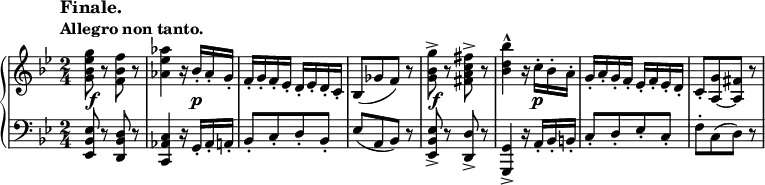 
\relative c''' {
 \new PianoStaff <<
  \new Staff {
   \key bes \major \time 2/4 \set Score.tempoHideNote = ##t
   \tempo \markup { 
    \column {
     \line { \large Finale. } 
     \line { Allegro non tanto. }
    }
   } 4=126
   <g es bes g>8 r <f bes, f> r <aes es aes,>4 r16 bes,-. aes-. g-.
   f-. g-. f-. es-. d-. es-. d-. c-. bes8( [ ges' f] ) r
   <g' bes, g>-> r <fis c a fis>-> r <bes d, bes>4-^ r16 c,-. bes-. a-.
   g-. a-. g-. f-. es-. f-. es-. d-. c8-.[ <g' a,~> <fis a,>] r
  }
  \new Dynamics {
   s2\f s4 s16 s\p s8 s2 s s\f s4 s16 s\p
  }
  \new Staff {
   \key bes \major \time 2/4 \clef bass
   <es, bes es,>8 r <d bes d,> r <c aes c,>4 r16 g-. aes-. a-.
   bes8-.[ c-. d-. bes-.] es( [ a, bes] ) r
   <es bes es,>-> r <d d,>-> r <g, g,>4-> r16 a-. bes-. b-.
   c8-.[ d-. es-. c-.] f-.[ c( d] ) r
  }
 >>
}

