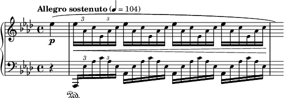 
\new PianoStaff <<
\new Staff = "Up" <<
\new Voice \relative c' {
\clef treble
\tempo "Allegro sostenuto" 4=104
\key aes \major
\time 4/4
\partial 4
\override TupletBracket.bracket-visibility = #'if-no-beam
\override TupletNumber.Y-offset = #3
\tupletSpan 8
\stemDown
ees'4 \p (\tuplet 3/2 {ees16 \< \tiny aes, c ees, aes c}
\omit TupletNumber
\tuplet 3/2 {\normalsize ees16 \tiny aes, c ees, aes c \normalsize ees16 \tiny aes, c ees, aes c \normalsize ees16 \tiny aes, c ees, aes c \!} \hide r16)
}
>>
\new Staff = "Down" <<
\new Voice \relative c{
\clef bass
\key aes \major
\override TupletBracket.bracket-visibility = #'if-no-beam
\override TupletNumber.Y-offset = #3
\tupletSpan 8
r4 \tuplet 3/2 {\stemUp aes,16 \sustainOn \stemDown \tiny ees'' aes c aes ees}
\omit TupletNumber
\tuplet 3/2 {\normalsize aes, \tiny ees' aes c aes ees \normalsize aes, \tiny ees' aes c aes ees \normalsize aes, \tiny ees' aes c aes ees} s16
}
>>
>>
