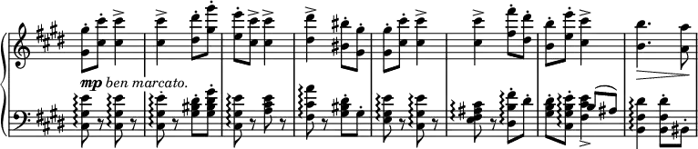 
\relative c''' {
  \new PianoStaff <<
   \new Staff \with { \remove "Time_signature_engraver" } {
    \key cis \minor \time 2/4 \set Score.tempoHideNote = ##t \tempo "" 4=95
    <gis gis,>8-. <cis cis,>-. q4-> q-> <dis dis,>8-. <gis gis,>-.
    <e e,>-. <cis cis,>-> q4-> <dis dis,>-> <bis bis,>8-. <gis gis,>-.
    <gis gis,>-. <cis cis,>-. q4-> q-> <fis fis,>8-. <dis dis,>-.
    <b b,>-. <e e,>-. <cis cis,>4-> <b b,>4. <a a,>8
   }
   \new Dynamics {
    \override TextScript #'whiteout = ##t
    s4-\markup { \dynamic mp \italic { ben marcato. } } s4 s2 s s s s s s4.\> s8\!
   }
   \new Staff \with { \remove "Time_signature_engraver" } {
    \key cis \minor \time 2/4 \clef bass
    <e, gis, cis,>8\arpeggio r <e gis, cis,>\arpeggio r
    <e gis, cis,>-. \arpeggio r <dis bis gis>-. <gis dis bis gis>-.]
    <e gis, cis,>\arpeggio r <e cis a> r
    <a cis, fis,>\arpeggio r <dis, bis gis>-. gis,-.
    <e' gis, e>\arpeggio r <e gis, cis,>\arpeggio r
    <cis ais fis e>\arpeggio r <fis b, dis,>-. \arpeggio dis-.
    <dis b gis>-. <e b gis cis,>-. \arpeggio << { b( ais) } \\ { <e' cis fis,>4-> } >>
    <dis fis, b,>\arpeggio q8-. bis,-.
   }
  >>
 }
