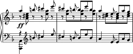 
 \relative c' {
  \new PianoStaff <<
   \new Staff \with { \remove "Time_signature_engraver" } {
    \key d \minor \time 6/8 
     <<
      {
       a''4\ff b8 cis4 e8 cis4 b8~ b e b a4 e8~ e a g
      }
     \\
      {
       b,8\rest <e cis a> b\rest b\rest <a' e> b,\rest b\rest
       <a' e>[ b,\rest <a' e> b,\rest <a' e>] b,\rest <e cis>[ b\rest <cis a> b\rest <e cis>]
      }
     >>
   }
   \new Staff \with { \remove "Time_signature_engraver" } {
    \key d \minor \time 6/8 \clef bass
     <<
      { r4 \clef treble b8 cis4 e8 cis4 b8~ b e b a4 e8~ e a g }
     \\
      { <a,, a,>4 s2 s2. s2. }
     >>
   }
  >>
 }
