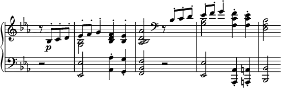 
 \relative c' {
  \new PianoStaff <<
   \new Staff \with { \remove "Time_signature_engraver" } { \key c \minor \time 2/2 \partial 2
    <<
     {
      b'8\rest bes,-. c-. d-. es-. f-. g4-. <f d bes>-. <es bes>-. <aes d, bes aes>2 \clef bass
      d,,8\rest bes'8-. c-. d-. es-. f-. g4-. \stemDown <f c f,>-. <es c f,>-. <bes f d>2
     }
    \\
     { s2 <bes g>2 s s1 <bes g>2 }
    >>
   }
   \new Dynamics {
    s8 s4.\p
   }
   \new Staff \with { \remove "Time_signature_engraver" } { \key c \minor \time 2/2 \clef bass
    r2 <es, es,>2 <aes aes,>4-. <g g,>-. <f bes, f>2 r <es es,> <aes, aes,>4-. <a a,>-. <bes bes,>2
   }
  >>
 }
