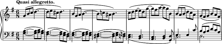 \relative c'' {
\new PianoStaff <<
\new Staff {
\key g \major \time 6/8 \set Score.tempoHideNote = ##t \tempo "Quasi allegretto." 4=99
g8( b c d4.~ d8 e cis d4.) b8( g a b4.~ b8 c! ais b4.)
c8( d e~ e d g~ g fis a~ a g b,) b( a b d c a) g( fis g b a fis)
}
\new Staff { \key g \major \time 6/8 \clef bass
<b, g>4.( ~ q8 <c a> <b g>) <a fis>4.( ~ q8 <g e> <fis d>)
<g e>4.( ~ q8 <a fis> <g e>) <fis dis>4.( ~ q8 <g e> <f d>)
<e c>4._( <d b> <c a> <d b>4 <d g,>8)
<< { e4. e4 c'8 b( a b d c a) } \\ { c,2. d } >>
}
>>
}