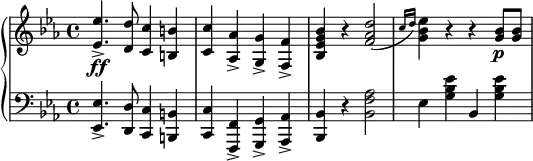 
 \relative c' {
  \new PianoStaff <<
   \new Staff { \key c \minor \time 4/4 
    \set Score.tempoHideNote = ##t
     \tempo "" 2. = 64
      <ees ees'>4.->\ff <d d'>8 <c c'>4 <b b'> <c c'>4 <aes aes'>4-> <g g'>4-> <f f'>4-> <bes ees g bes> r <f' aes d>2( \slashedGrace { c'16 d16) }  <g, bes ees>4 r r <g bes>8\p <g bes> }
   \new Dynamics {
    
      }
   \new Staff { \key c \minor \time 4/4 \clef bass
      <ees,, ees'>4.-> <d d'>8 <c c'>4 <b b'> <c c'> <f, f'>4-> <g g'>4-> <aes aes'>4-> <bes bes'> r <bes' f' aes>2 ees4 <g bes ees> bes, <g' bes ees>
   }
  >>
 }

