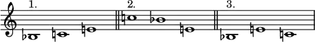 \relative c' {
\new PianoStaff <<
\new Staff \with { \remove "Time_signature_engraver" }
{ \key c \major \time 3/1 bes1^\markup {1.} c! e! \bar "||" c'!^\markup {2.} bes! e,! \bar "||" bes!^\markup {3.} e! c! \bar "|" }
>> }