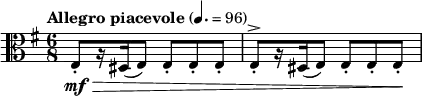 
\relative c' {
\key e \minor \clef alto
\time 6/8
\tempo "Allegro piacevole" 4. = 96
\tempo 4 = 116
\set Staff.midiInstrument = "string ensemble 1"
e,8-.\mf\> [ r16 dis ( e8 ) ] e-. e-. e-.
e8-.^\accent [ r16 dis ( e8 ) ] e-. e-. e-.\!
}
