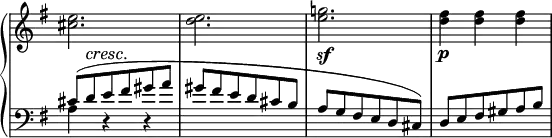 \relative c' {
\new PianoStaff <<
\new Staff \with { \remove "Time_signature_engraver" } { \key g \major \time 3/4
<e' cis>2. <e d> <g! e>\sf <fis d>4\p <fis d> <fis d>
}
\new Staff \with { \remove "Time_signature_engraver" } { \key g \major \time 3/4 \clef bass
<<
{ cis,8( d^\cresc e\! fis gis a gis fis e d cis b a g fis e d cis) d e fis gis a b }
\\
{ a4 d,\rest d\rest }
>>
}
>>
}