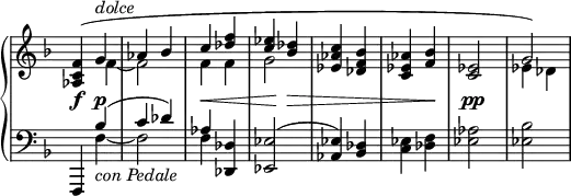 
\relative c' {
 \new PianoStaff <<
  \new Staff \with { \remove "Time_signature_engraver" } {
   \key f \major \time 2/4 \set Score.tempoHideNote = ##t \tempo "" 4=134
   <<
    {
     <f c aes>4( g^\markup \italic dolce aes bes c <f des>
     <es c> <des bes> <c aes es> <bes f des> <aes es c> <bes f> <es, c>2 g)
    }
   \\
    { s4 f~ f2 f4 f g2 s s s es4 des }
   >> 
  }
  \new Dynamics {
   s4\f s\p s2 s4\< s s8 s\! s4\> s2 s4 s\! s\pp
  }
  \new Staff \with { \remove "Time_signature_engraver" } {
   \key f \major \time 2/4 \clef bass
   << { f,,,4 bes''( c des) aes } \\ { s4 f~_\markup { \italic { con Pedale } } f2 f4 } >>
   <des des,> <es es,>2^( <es aes,>4) <des bes> <es c> <f des> <aes es>2 <bes es,>
  }
 >>
}
