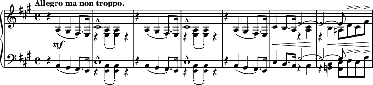 \relative c' {
\new PianoStaff <<
\new Staff { \key a \major \time 4/4
\set Score.tempoHideNote = ##t \tempo "Allegro ma non troppo." 4=124
\override Score.NonMusicalPaperColumn #'line-break-permission = ##f
r4 a( gis fis8.) e16 << { cis'1-^ } \\ { d,4\rest <a' e>-. ( q-.) d,\rest } >>
r a'( gis fis8.) e16 << { cis'1-^ } \\ { d,4\rest <a' e>-. ( q-.) d,\rest } >>
r a'( gis fis8.) e16 cis'4 b8. a16
<< { e'2~ e~ e8 s8 s4 } \\ { d,4\rest <cis' a>4 d,\rest b' ais8 d^> cis^> fis^> } >>
}
\new Dynamics {
s4 s\mf s2 s1 s s s s4\< s s s\! s s\< s s8 s\!
}
\new Staff { \key a \major \time 4/4 \clef bass
r4 a,,( gis fis8.) e16 << { cis'1-^ } \\ { d,4\rest <a' e>-. ( q-.) d,\rest } >>
r a'( gis fis8.) e16 << { cis'1-^ } \\ { d,4\rest <a' e>-. ( q-.) d,\rest } >>
r a'( gis fis8.) e16 cis'4 b8. a16
<< { e'2~ 2~ e8 s8 s4 } \\ { f,4\rest a f\rest <b g> <cis fis,>8 d^> cis^> fis^> } >>
}
>>
}