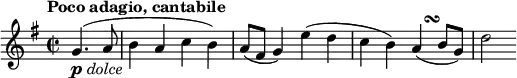 \relative g' {\set Staff.midiInstrument = #"violin"
\key g \major \time 2/2
\tempo "Poco adagio, cantabile"
\tempo 4 = 60
\partial 2 g4.( _\markup{ \musicglyph #"p" \italic "dolce" } a8
b4 a c b)
a8( fis g4) e'( d
c4 b) a( -\tweak X-offset #2.8 \turn b8 g)
d'2
}