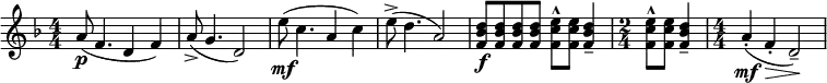 
\relative c'' {  
   \new Staff { \key d \minor \numericTimeSignature \time 4/4
    a8\p( f4. d4 f) | a8->( g4. d2) |
    e'8\mf( c4. a4 c) | e8->( d4. a2) |
   [ <d bes f>8\f <d bes f> <d bes f> <d bes f> ] <e c f,>-^ <e c f,> <d bes f>4-- |
   \time 2/4  <e c f,>8-^ <e c f,> <d bes f>4-- | 
   \time 4/4  a4\mf-.(\> f-. d2--)\!  |
  }}
