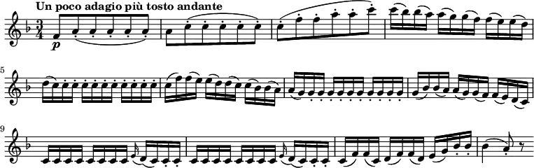 \version "2.18.2"
\relative c'' {
\key f \major
\time 3/4
\tempo "Un poco adagio più tosto andante "
\tempo 4 = 60
f,8 \p a-. (a-. a-. a-. a-. )
a c-. (c-. c-. c-. c-. )
c-. (f-. f-. a-. a-. c-.)
c16 (bes) bes (a) a (g) g (f) f (e) e (d)
d (c) c-. c-. c-. c-. c-. c-. c-. c-. c-. c-.
c (f) f (e) e (d) d (c) c (bes) bes (a)
a (g) g-. g-. g-. g-. g-. g-. g-. g-. g-. g-.
g (bes) bes (a) a (g) g (f) f (e) d (c)
c c c c c c c c \grace e16 (d) (c) c-. c-.
c c c c c c c c \grace e16 (d) (c) c-. c-.
c (f) f (c) d (f) f (d) e (g) bes-. bes-.
bes4 (a8-.) r
}