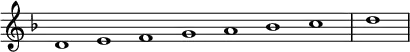 \relative c' {
\new Staff \with { \remove "Time_signature_engraver" }
{ \key d \minor \time 1/1 \cadenzaOn d1 e f g a bes c \bar "|" d \bar"|"}
}